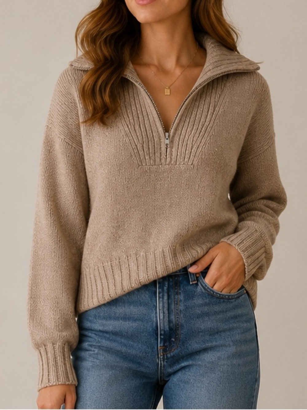 American Eagle Chunky Knit Quarter Zip Sweater Neutral Taupe Relaxed Size Small